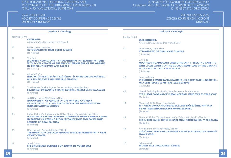 V. Kalii modified Neoadjuvant Chemotherapy in Treating Patients with Local Cancer of the Mucous Membrane of the Organs in the Mouth Cavity and Fauces (15 minutes) 42.