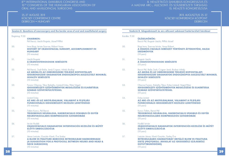 imre Bögi, István Szarvas, Róbert Veres history of craniofacial surgery, accomplishment in hungary (10 minutes) 51. lászló Bognár A craniostenososok sebészete (10 minutes) 52.