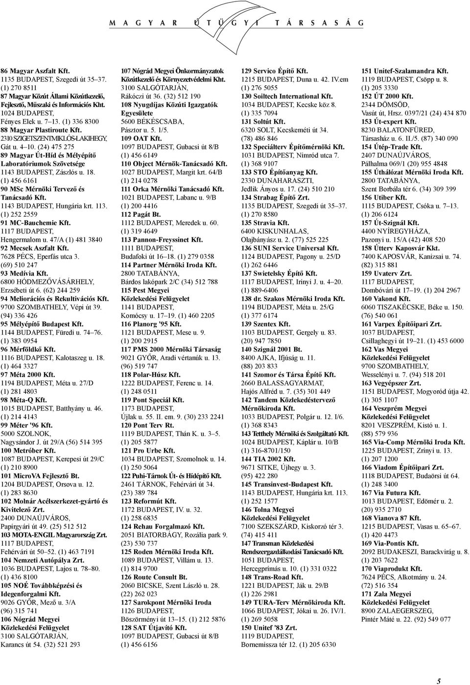 (1) 456 6161 90 MSc Mérnöki Tervezõ és Tanácsadó Kft. 1143 BUDAPEST, Hungária krt. 113. (1) 252 2559 91 MC-Bauchemie Kft. 1117 BUDAPEST, Hengermalom u. 47/A (1) 481 3840 92 Mecsek Aszfalt Kft.