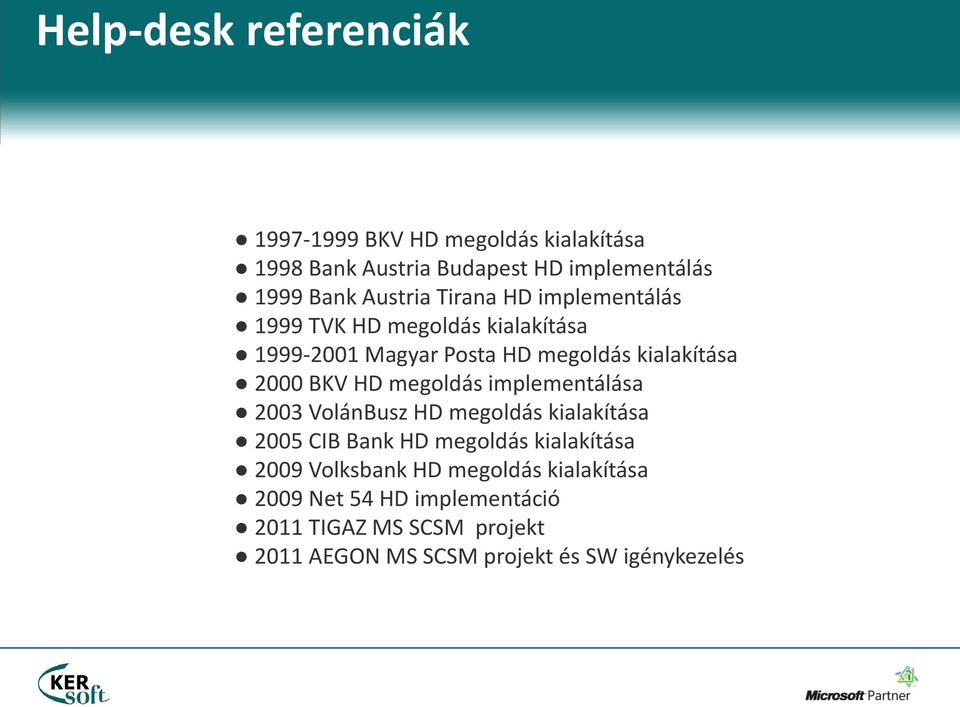 BKV HD megoldás implementálása 2003 VolánBusz HD megoldás kialakítása 2005 CIB Bank HD megoldás kialakítása 2009