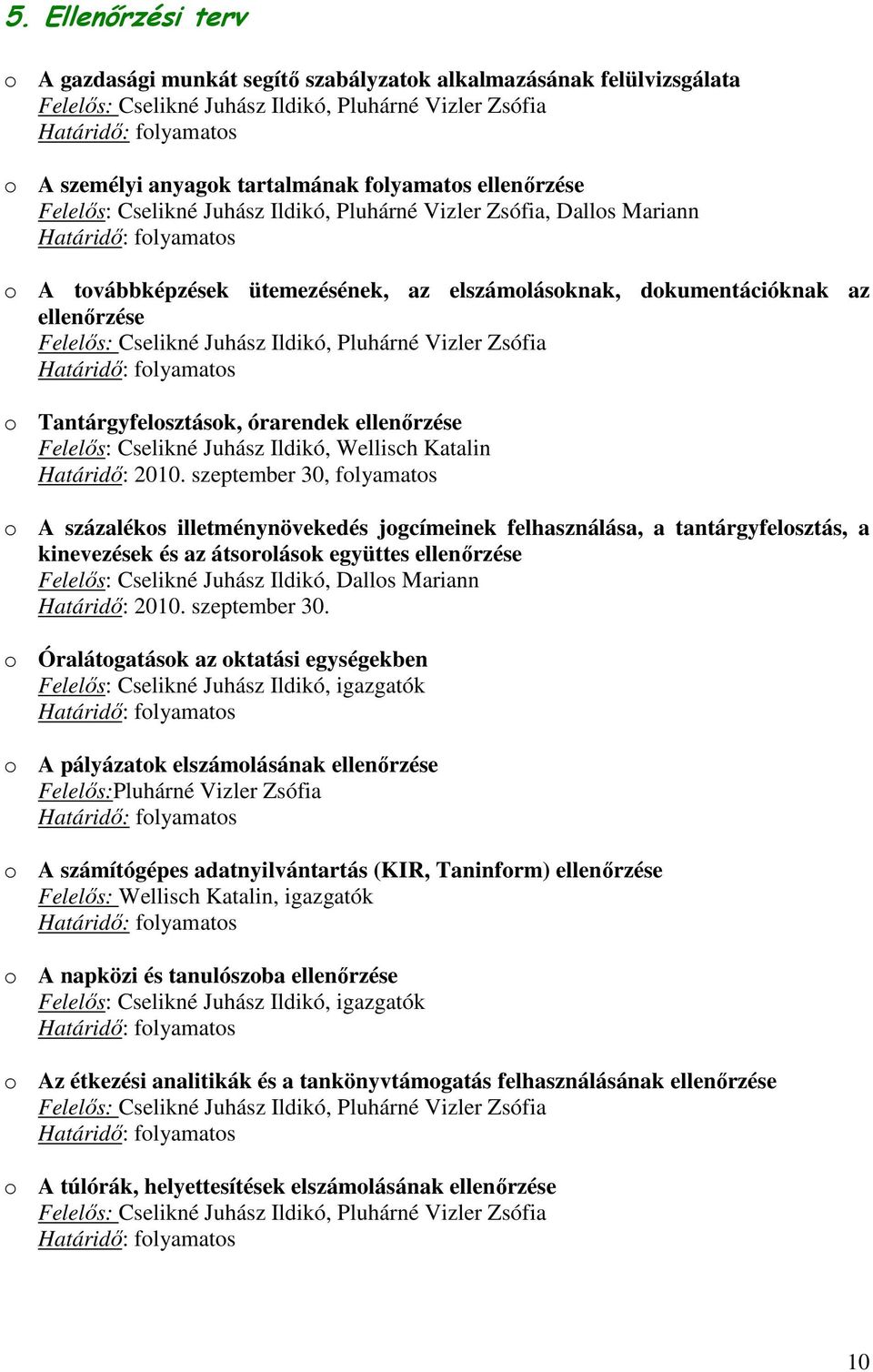 Ildikó, Pluhárné Vizler Zsófia o Tantárgyfelosztások, órarendek ellenőrzése Felelős: Cselikné Juhász Ildikó, Wellisch Katalin Határidő: 2010.