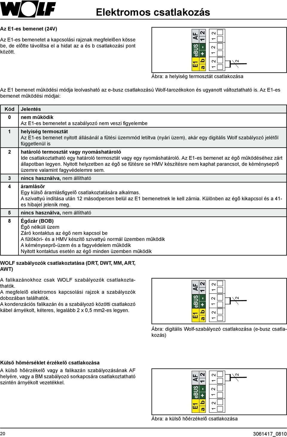 Az E1-es bemenet mûködési módjai: Kód Jelentés 0 nem mûködik Az E1-es bemenetet a szabályozó nem veszi figyelembe 1 helyiség termosztát Az E1-es bemenet nyitott állásánál a fûtési üzemmód letiltva