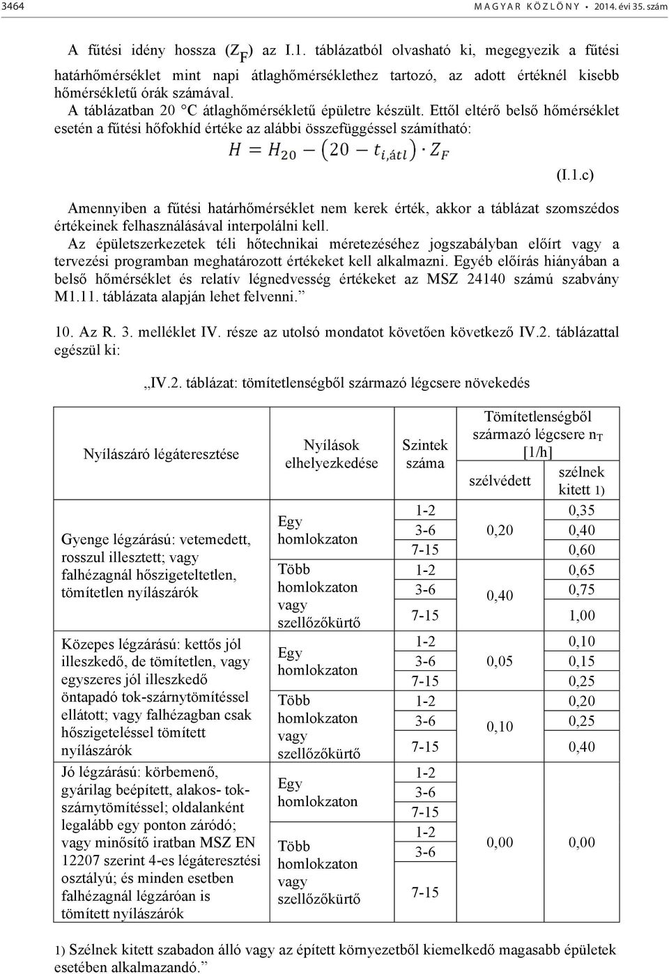 c) Amennyiben a fűtési határhőmérséklet nem kerek érték, akkor a táblázat szomszédos értékeinek felhasználásával interpolálni kell.