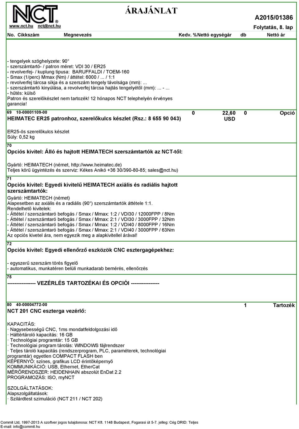 12 hónapos NCT telephelyén érvényes garancia! 69 10-00001109-00 22,60 0 HEIMATEC ER25 patronhoz, szerelőkulcs készlet (Rsz.