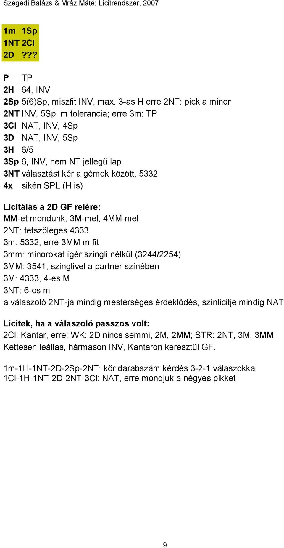 is) Licitálás a 2D GF relére: MM-et mondunk, 3M-mel, 4MM-mel 2NT: tetszőleges 4333 3m: 5332, erre 3MM m fit 3mm: minorokat ígér szingli nélkül (3244/2254) 3MM: 3541, szinglivel a partner színében 3M: