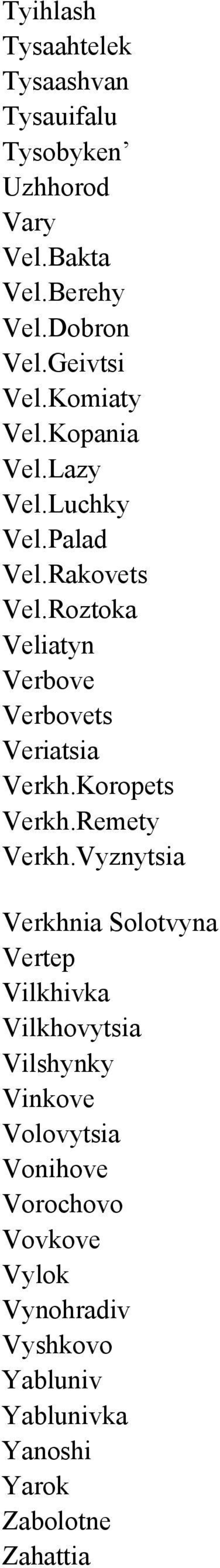 Roztoka Veliatyn Verbove Verbovets Veriatsia Verkh.Koropets Verkh.Remety Verkh.