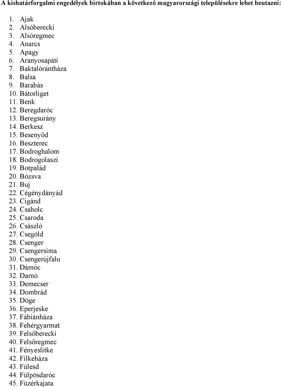 Botpalád 20. Bózsva 21. Buj 22. Cégénydányád 23. Cigánd 24. Csaholc 25. Csaroda 26. Császló 27. Csegöld 28. Csenger 29. Csengersima 30. Csengerújfalu 31. Dámóc 32. Darnó 33.