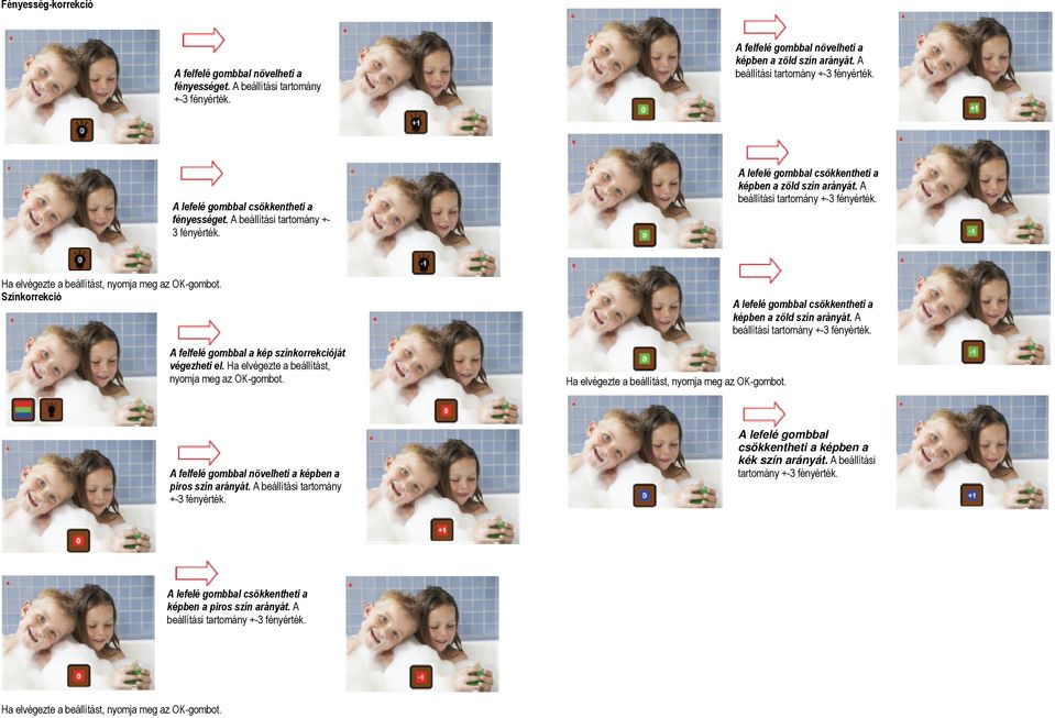 Ha elvégezte a beállítást, nyomja meg az OK-gombot. Ha elvégezte a beállítást, nyomja meg az OK-gombot. képben a zöld szín arányát. A A felfelé gombbal növelheti a képben a piros szín arányát.