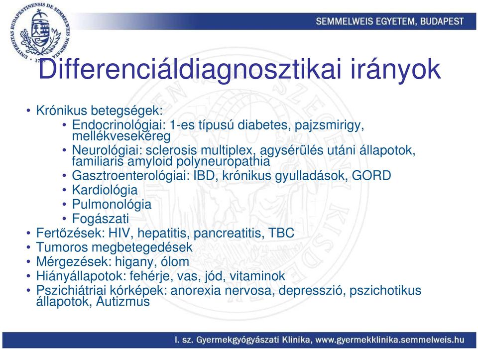 gyulladások, GORD Kardiológia Pulmonológia Fogászati Fertőzések: HIV, hepatitis, pancreatitis, TBC Tumoros megbetegedések Mérgezések: