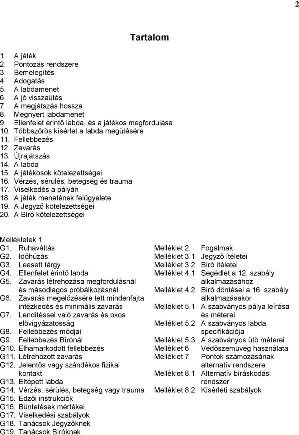 Vérzés, sérülés, betegség és trauma 17. Viselkedés a pályán 18. A játék menetének felügyelete 19. A Jegyző kötelezettségei 20. A Bíró kötelezettségei Mellékletek 1 G1. Ruhaváltás G2. Időhúzás G3.