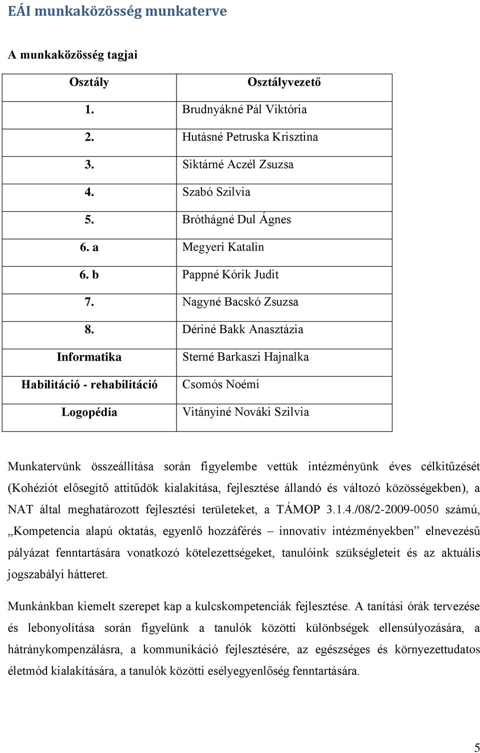 Dériné Bakk Anasztázia Informatika Habilitáció - rehabilitáció Logopédia Sterné Barkaszi Hajnalka Csomós Noémi Vitányiné Nováki Szilvia Munkatervünk összeállítása során figyelembe vettük intézményünk