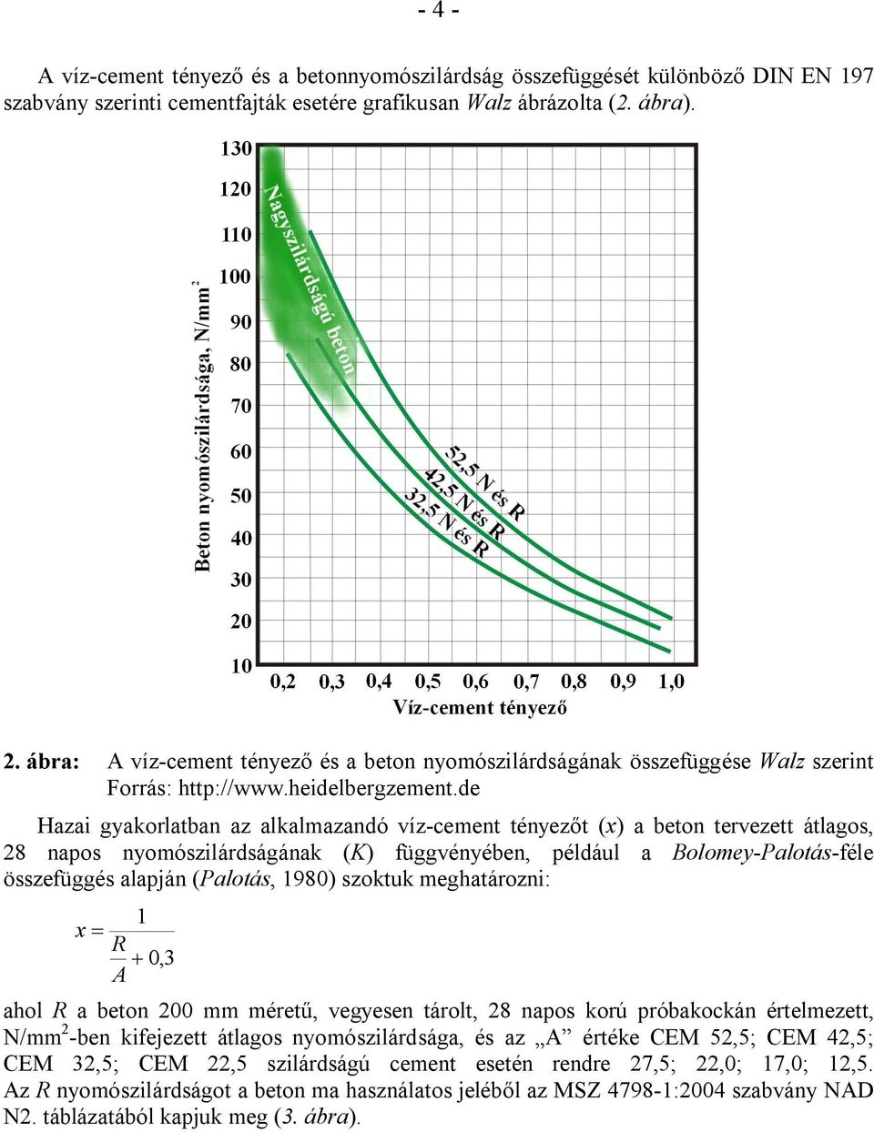 de Hazai gyakorlatban az alkalmazandó víz-cement tényezőt (x) a beton tervezett átlagos, 28 napos nyomószilárdságának (K) függvényében, például a Bolomey-Palotás-féle összefüggés alapján (Palotás,