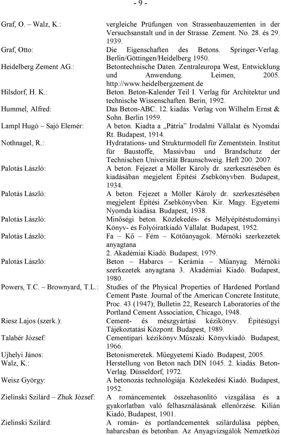 Verlag für Architektur und technische Wissenschaften. Berin, 1992. Hummel, Alfred: Das Beton-ABC. 12. kiadás. Verlag von Wilhelm Ernst & Sohn. Berlin 1959. Lampl Hugó Sajó Elemér: A beton.