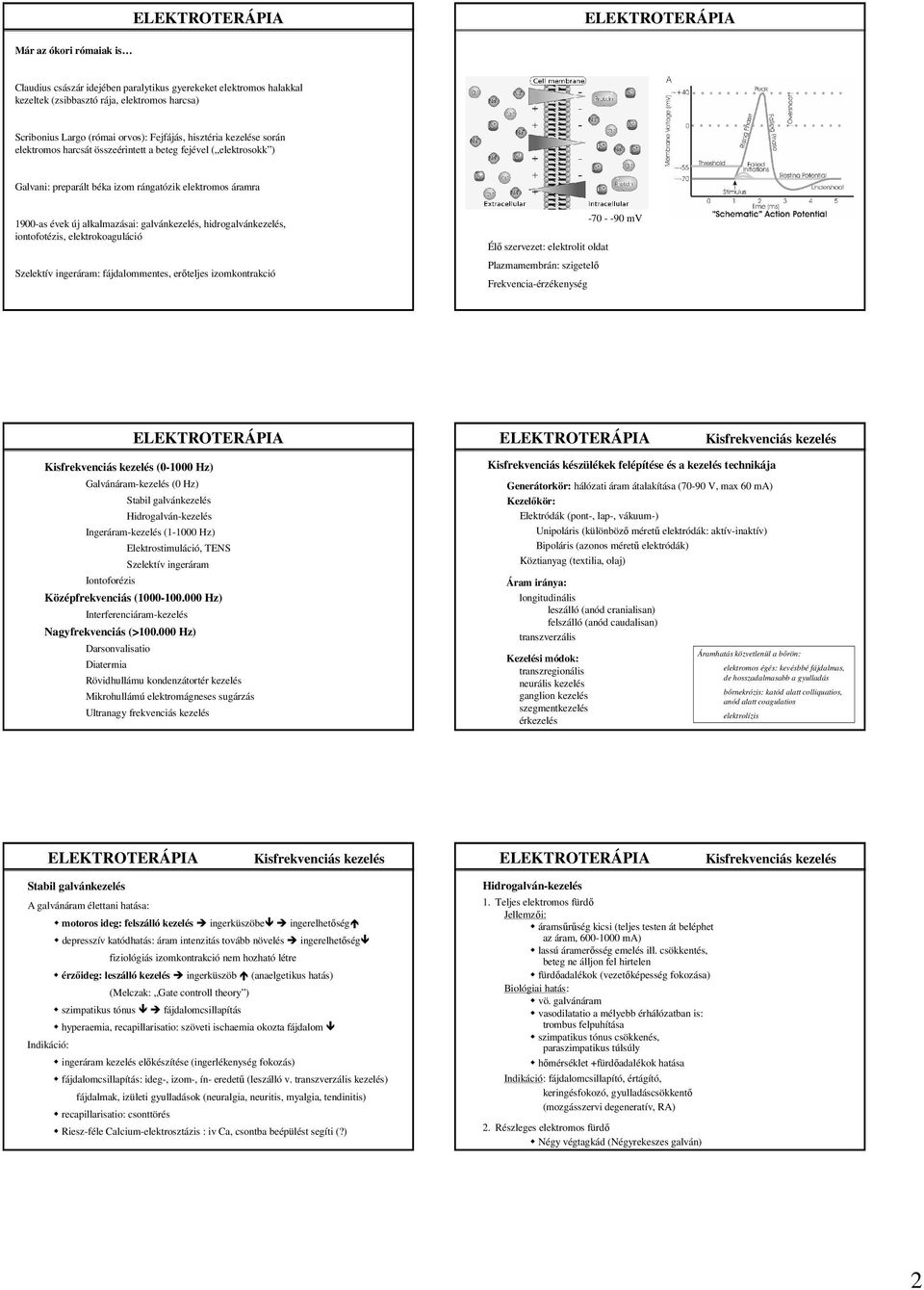 elekrokoaguláció Szelekív ingeráram: fájdalommenes, erıeljes izomkonrakció -70 - -90 mv Élı szerveze: elekroli olda Plazmamembrán: szigeelı Frekvencia-érzékenység (0-1000 Hz) Galvánáram-kezelés (0