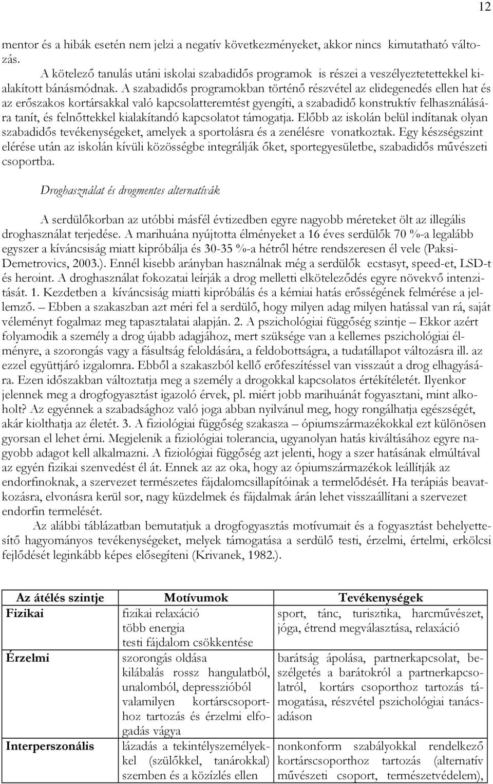 A szabadidős programokban történő részvétel az elidegenedés ellen hat és az erőszakos kortársakkal való kapcsolatteremtést gyengíti, a szabadidő konstruktív felhasználására tanít, és felnőttekkel