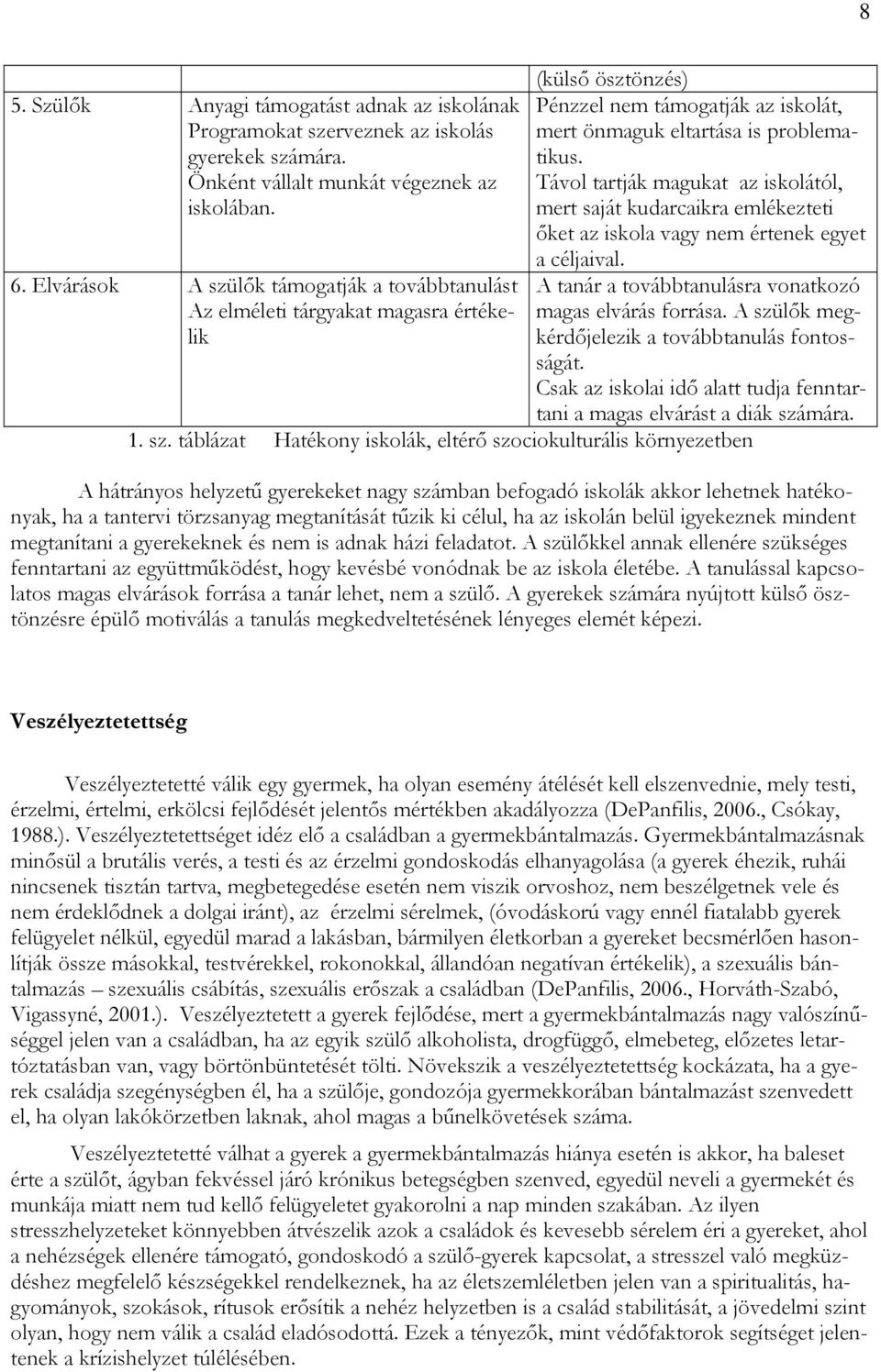 A szülők megkérdőjelezik a továbbtanulás fontosságát. Csak az iskolai idő alatt tudja fenntartani a magas elvárást a diák számára. 1. sz. táblázat Hatékony iskolák, eltérő szociokulturális környezetben 5.