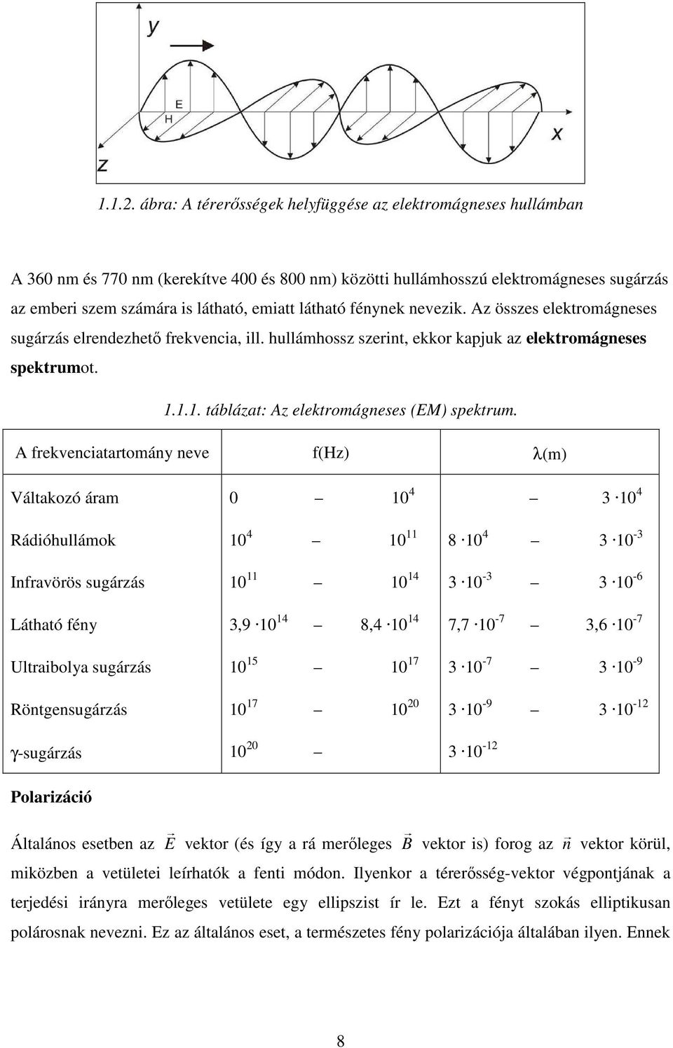 látható fénynek nevezik. Az összes elektromágneses sugárzás elrendezhetı frekvencia, ill. hullámhossz szerint, ekkor kapjuk az elektromágneses spektrumot. 1.