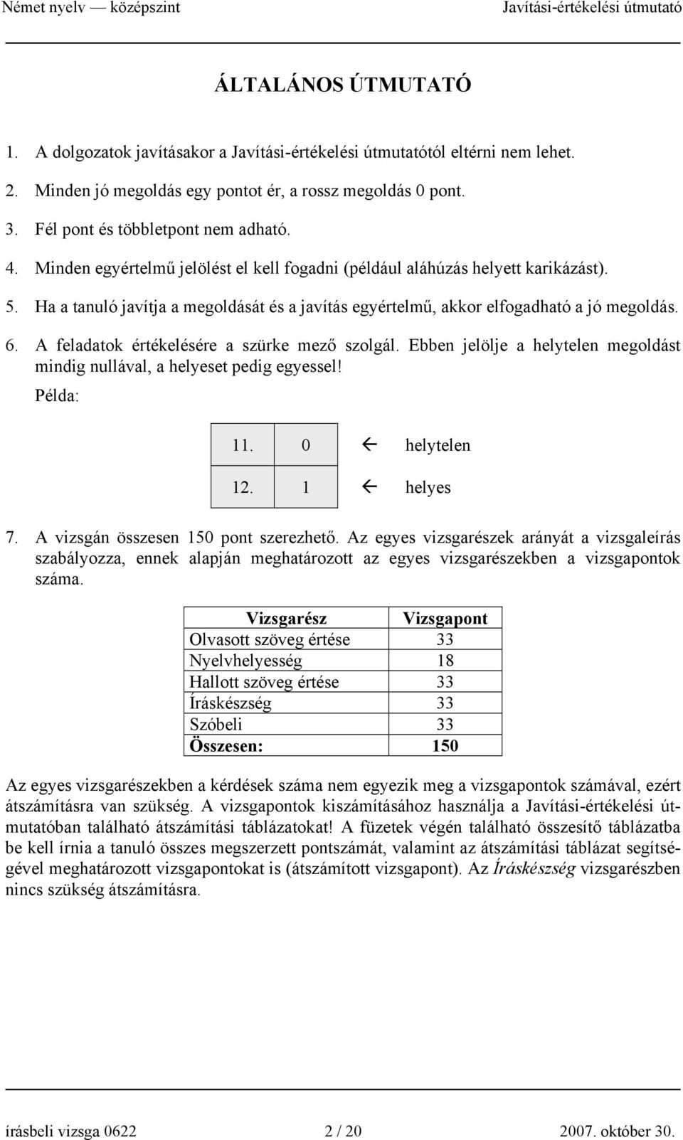 A feladatok értékelésére a szürke mező szolgál. Ebben jelölje a helytelen megoldást mindig nullával, a helyeset pedig egyessel! Példa: 11. 0 helytelen 12. 1 helyes 7.