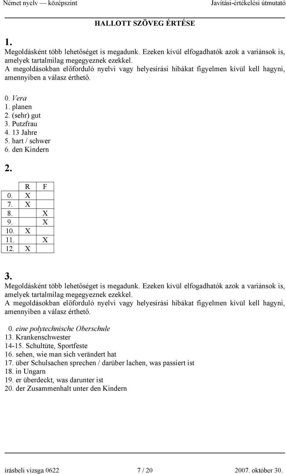 den Kindern 2. R F 0. X 7. X 8. X 9. X 10. X 11. X 12. X 3. Megoldásként több lehetőséget is megadunk. Ezeken kívül elfogadhatók azok a variánsok is, amelyek tartalmilag megegyeznek ezekkel.