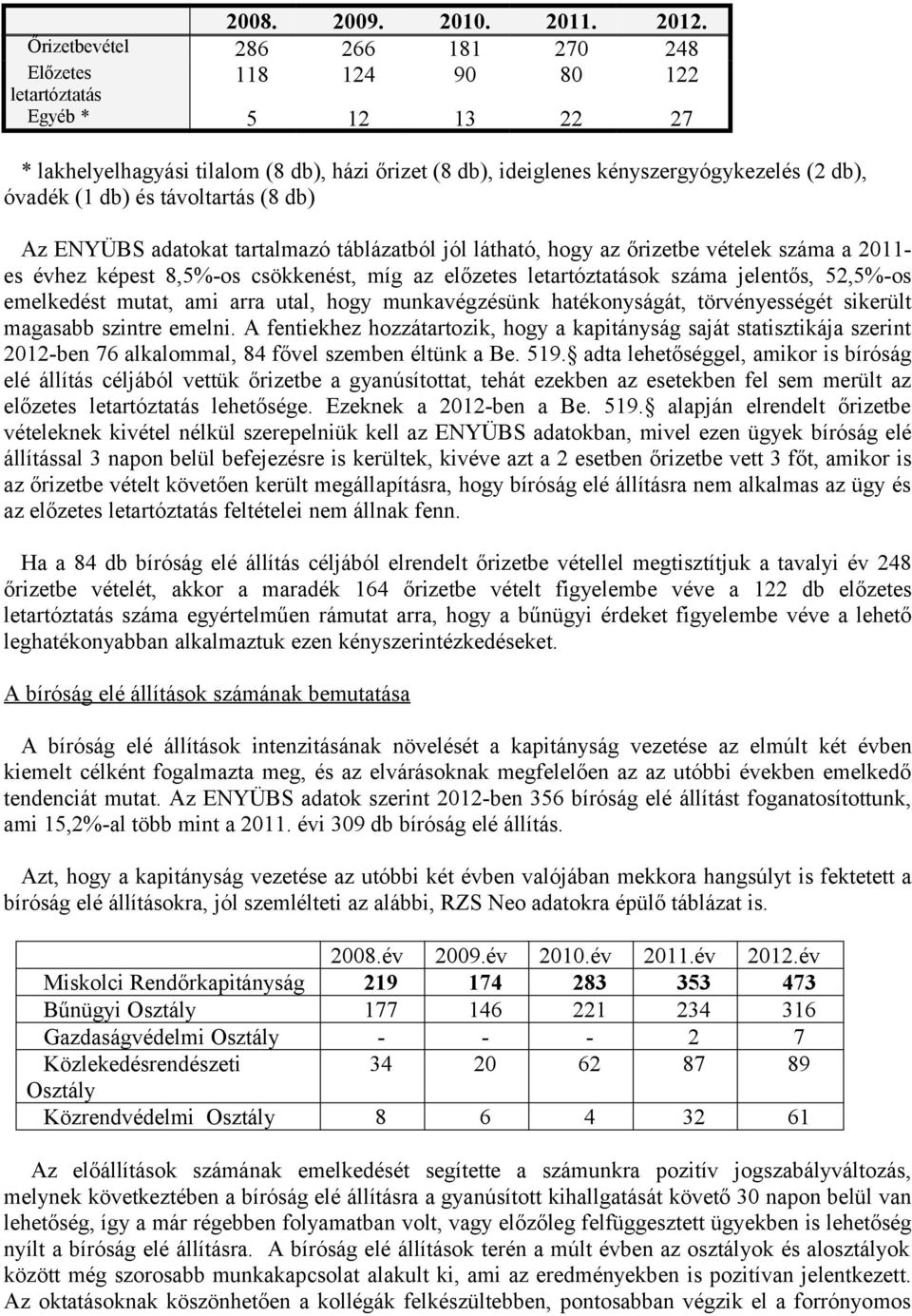 (1 db) és távoltartás (8 db) Az ENYÜBS adatokat tartalmazó táblázatból jól látható, hogy az őrizetbe vételek száma a 2011- es évhez képest 8,5%-os csökkenést, míg az előzetes letartóztatások száma