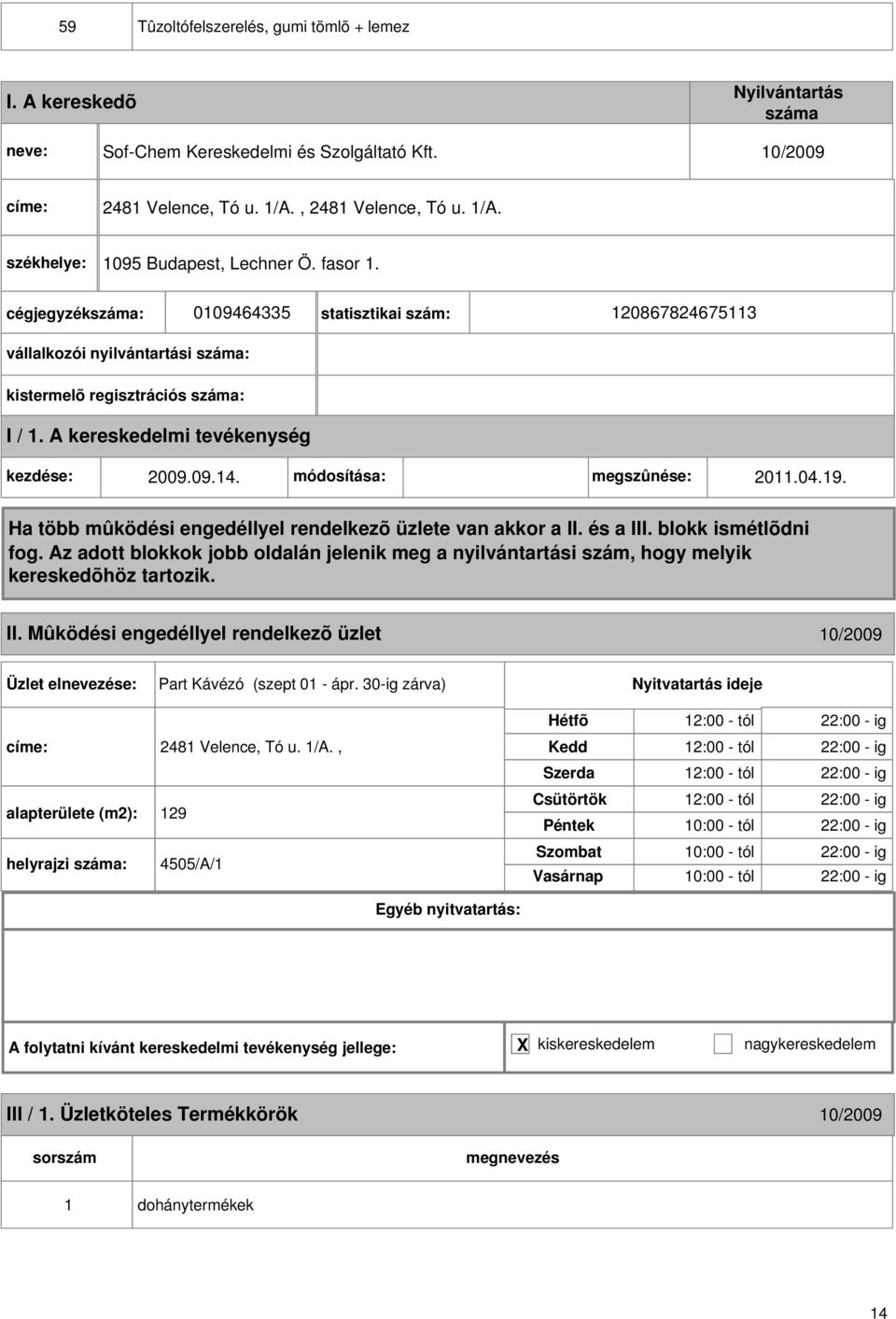 Mûködési engedéllyel rendelkezõ üzlet 10/2009 Part Kávézó (szept 01 - ápr. 30-ig zárva) címe: 2481 Velence, Tó u. 1/A.