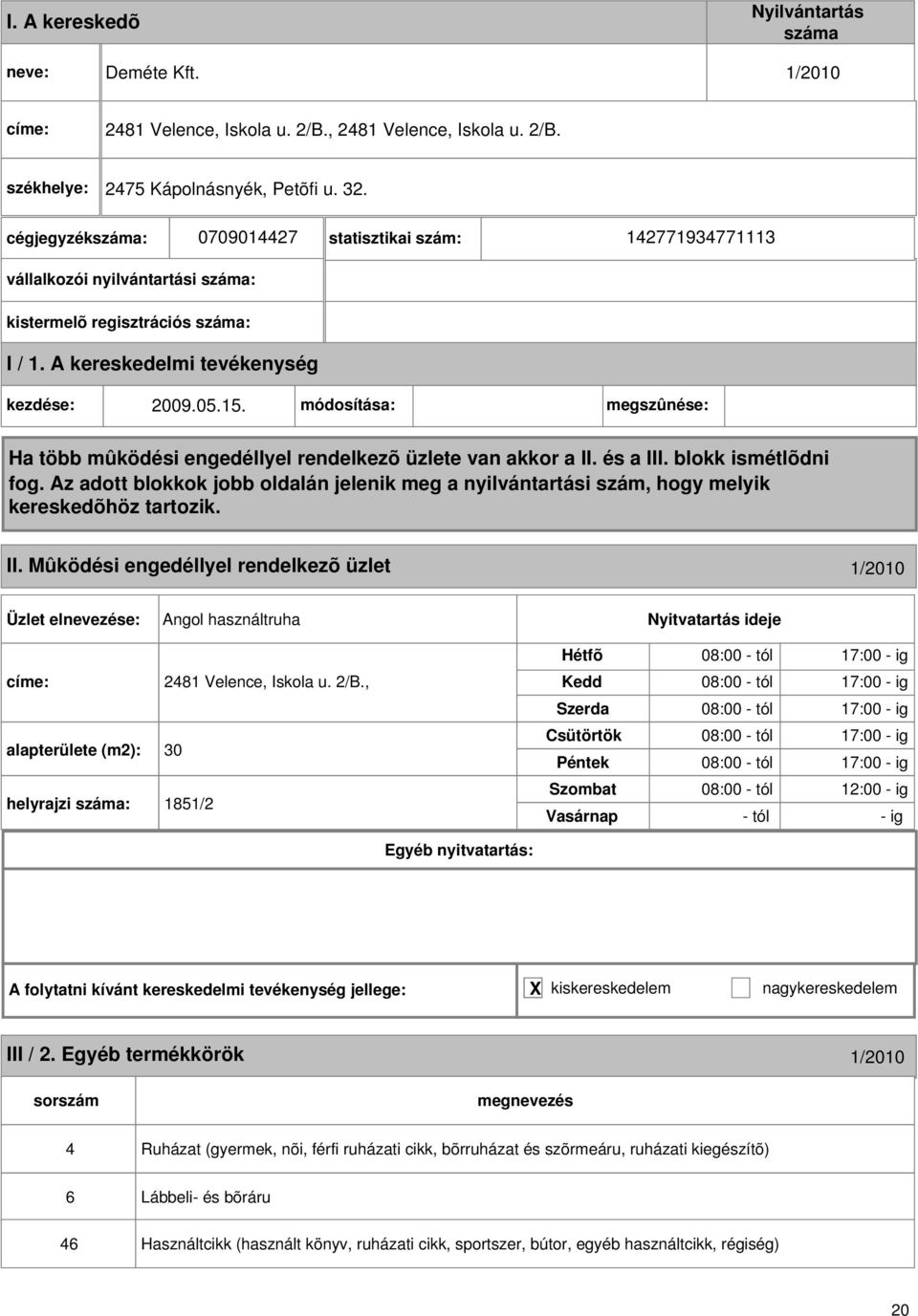 Mûködési engedéllyel rendelkezõ üzlet 1/2010 Angol használtruha címe: 2481 Velence, Iskola u. 2/B.