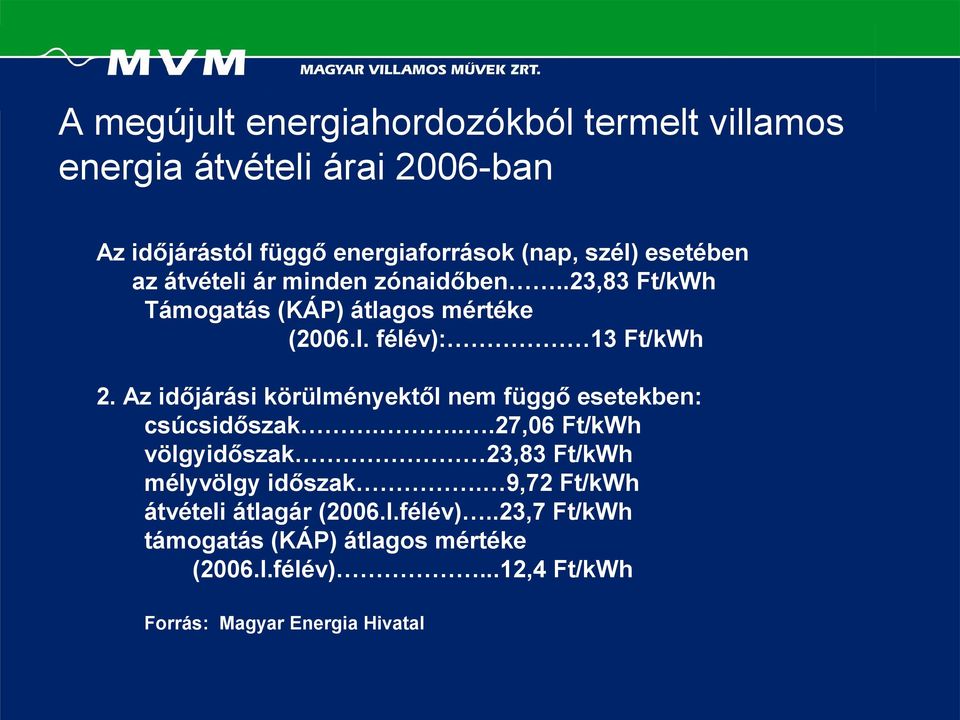 Az időjárási körülményektől nem függő esetekben: csúcsidőszak....27,06 Ft/kWh völgyidőszak 23,83 Ft/kWh mélyvölgy időszak.