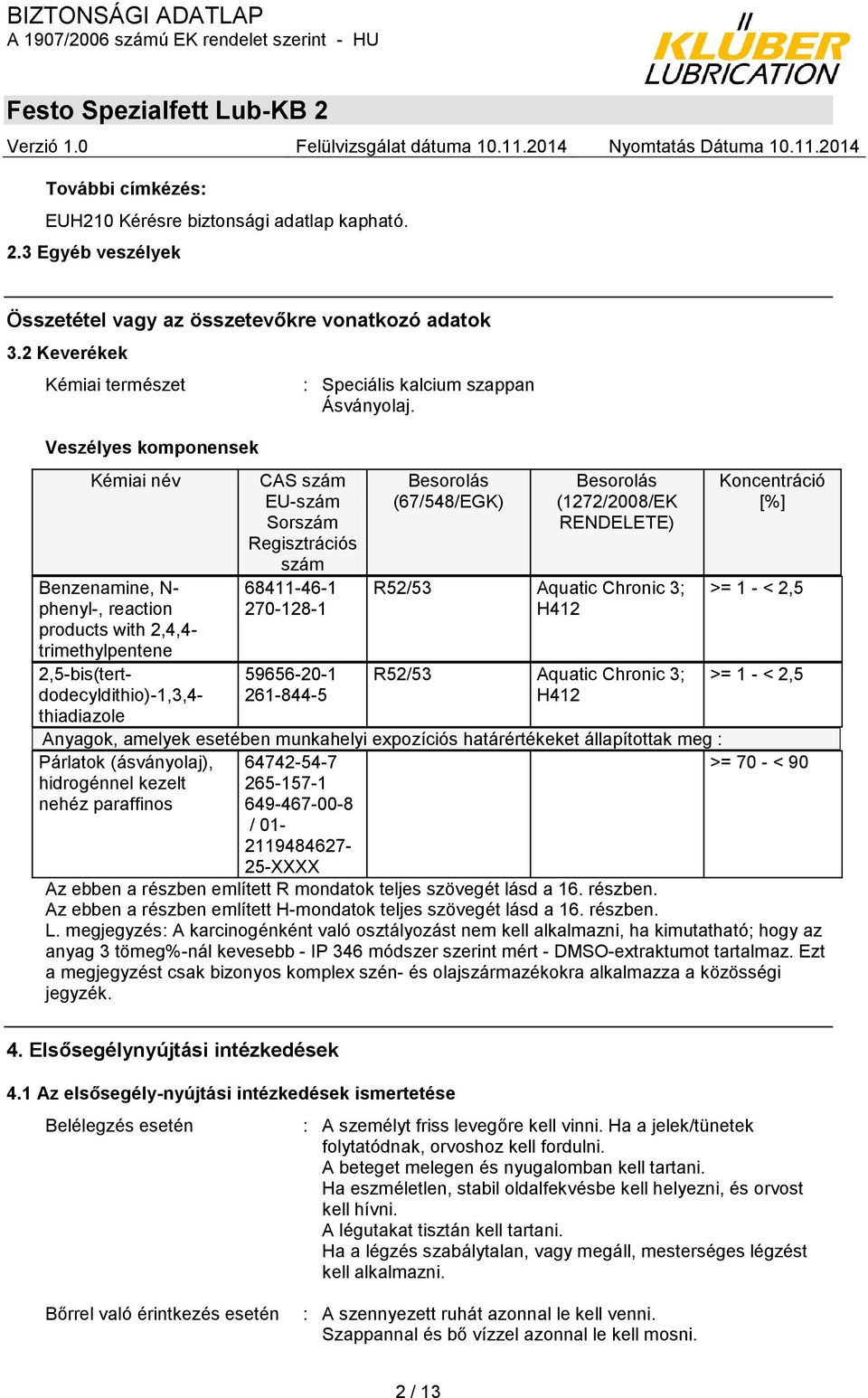 Sorszám Regisztrációs szám 68411-46-1 270-128-1 59656-20-1 261-844-5 : Speciális kalcium szappan Ásványolaj.