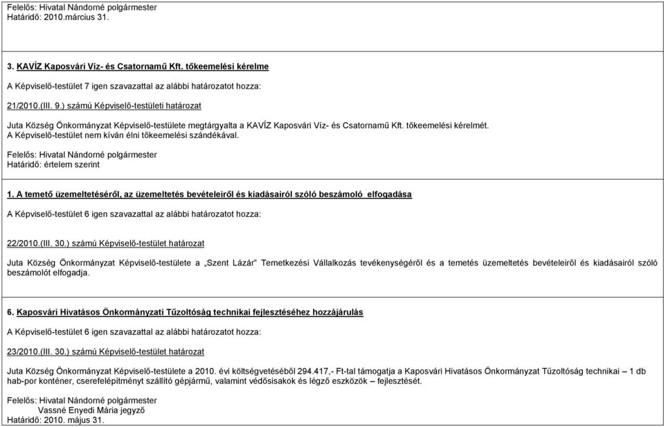 A Képviselő-testület nem kíván élni tőkeemelési szándékával. Határidő: értelem szerint 1. A temető üzemeltetéséről, az üzemeltetés bevételeiről és kiadásairól szóló beszámoló elfogadása 22/2010.(III.