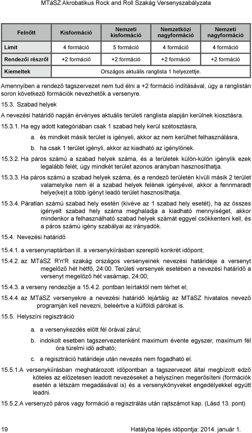 Szabad helyek A nevezési határidő napján érvényes aktuális területi ranglista alapján kerülnek kiosztásra. 15.3.1. Ha egy adott kategóriában csak 1 szabad hely kerül szétosztásra, a.