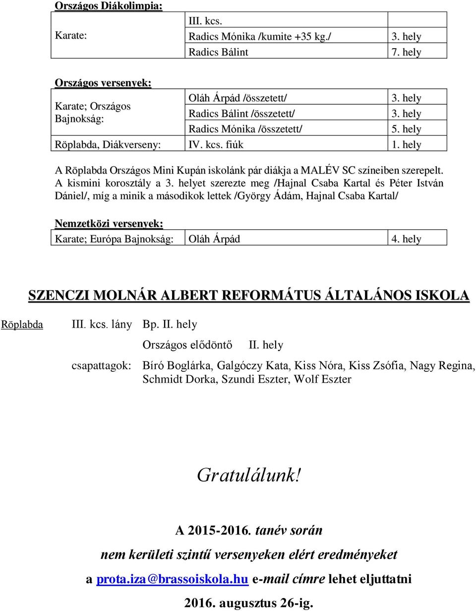 fiúk A Röplabda Országos Mini Kupán iskolánk pár diákja a MALÉV SC színeiben szerepelt. A kismini korosztály a 3.