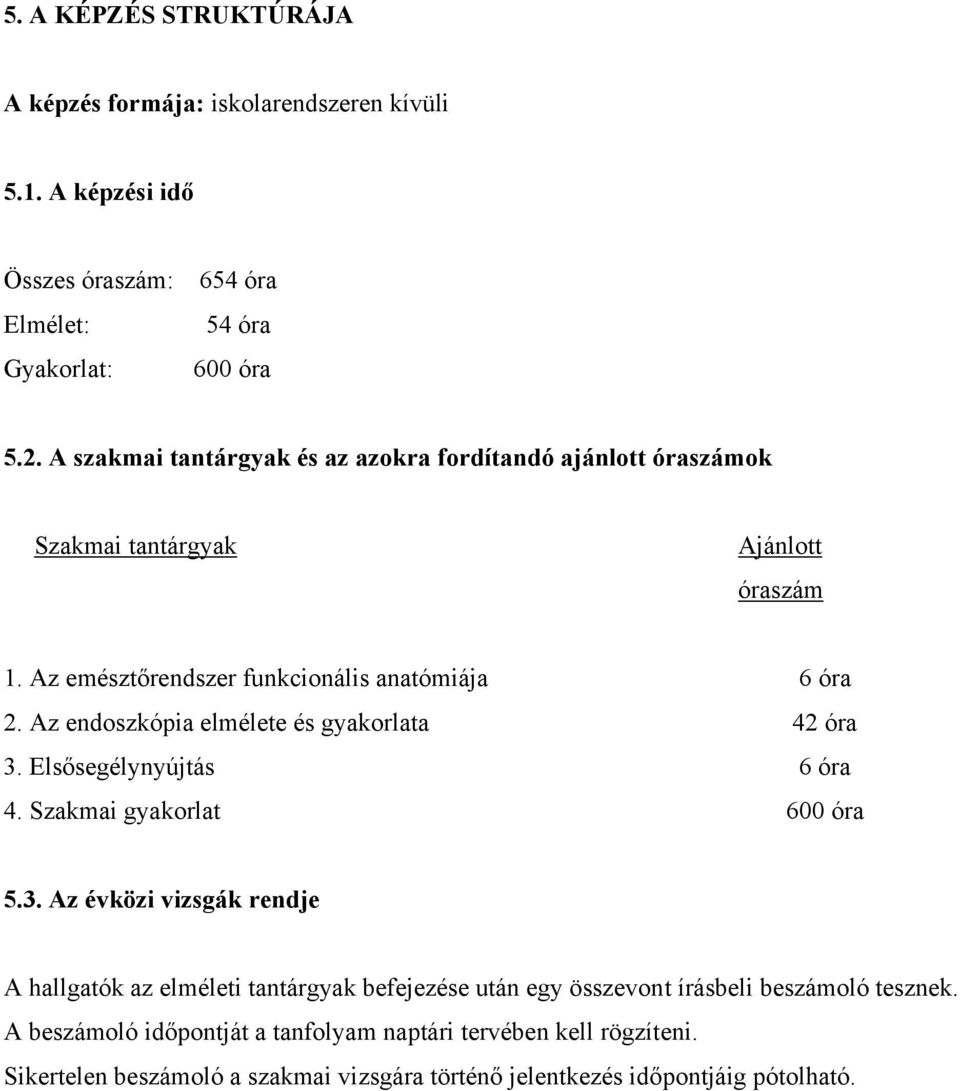 Az endoszkópia elmélete és gyakorlata 42 óra 3. Elsősegélynyújtás 6 óra 4. Szakmai gyakorlat 600 óra 5.3. Az évközi vizsgák rendje A hallgatók az elméleti tantárgyak befejezése után egy összevont írásbeli beszámoló tesznek.