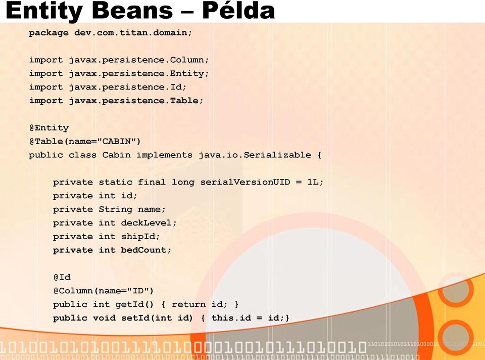 serializable { private static final long serialversionuid = 1L; private int id; private String name; private int decklevel;