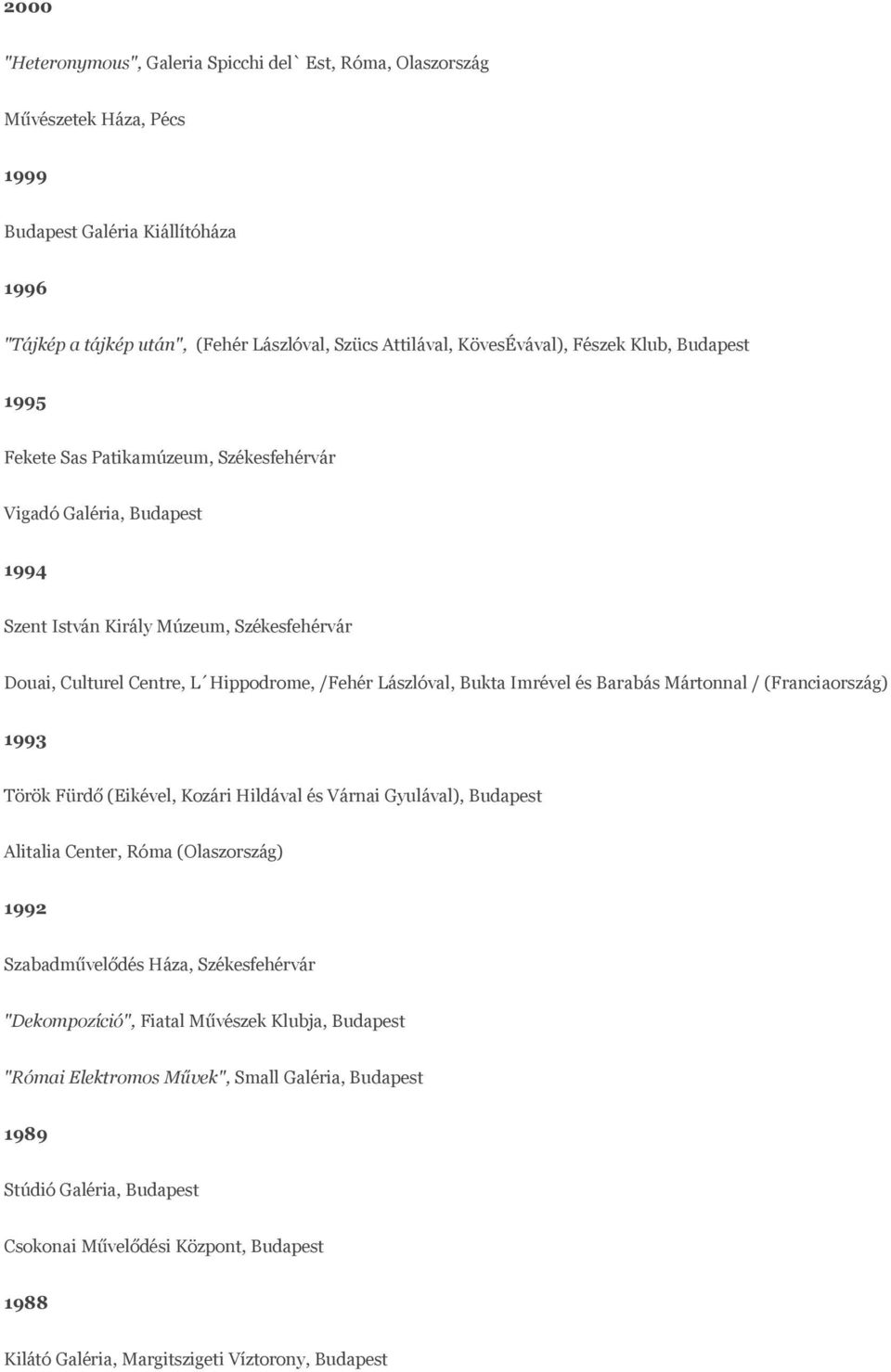 Bukta Imrével és Barabás Mártonnal / (Franciaország) 1993 Török Fürdő (Eikével, Kozári Hildával és Várnai Gyulával), Budapest Alitalia Center, Róma (Olaszország) 1992 Szabadművelődés Háza,