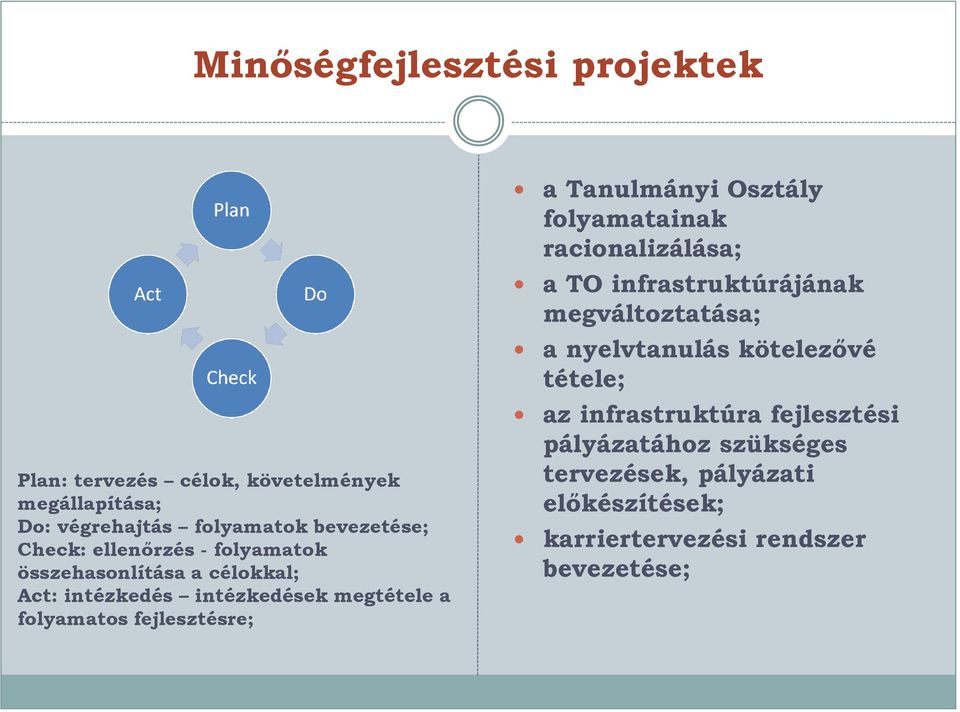 fejlesztésre; a Tanulmányi Osztály folyamatainak racionalizálása; a TO infrastruktúrájának megváltoztatása; a nyelvtanulás