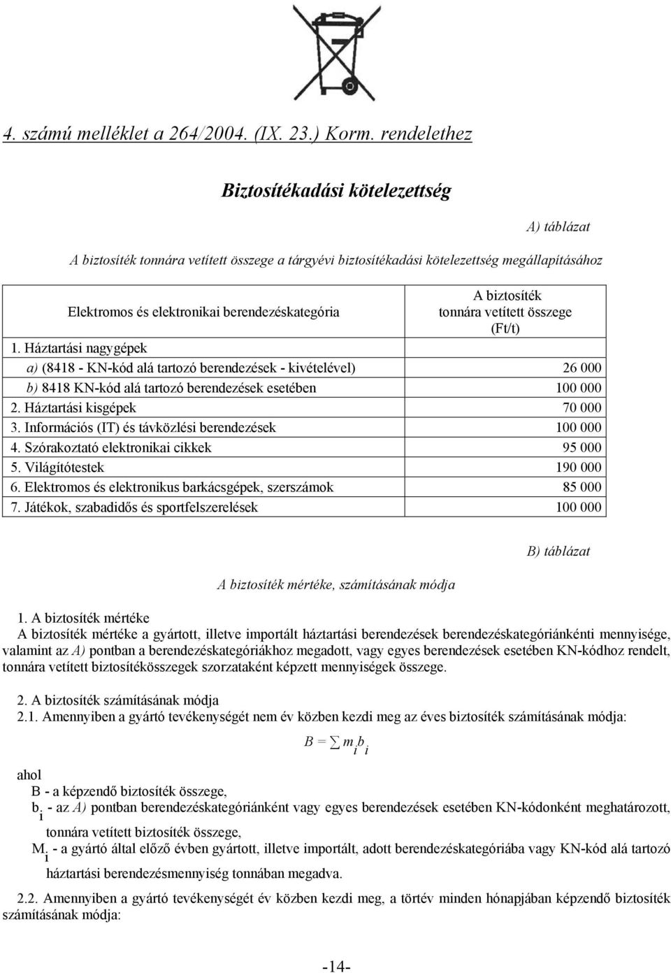 berendezéskategória tonnára vetített összege (Ft/t) 1. Háztartási nagygépek a) (8418 - KN-kód alá tartozó berendezések - kivételével) 26 000 b) 8418 KN-kód alá tartozó berendezések esetében 100 000 2.