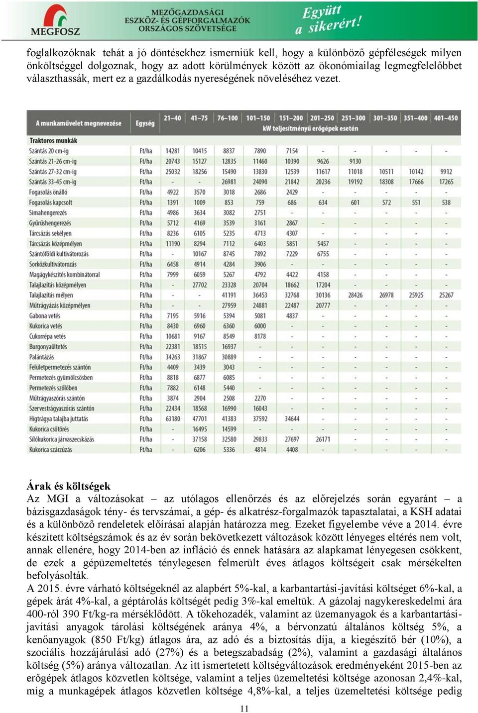 Árak és költségek Az MGI a változásokat az utólagos ellenőrzés és az előrejelzés során egyaránt a bázisgazdaságok tény- és tervszámai, a gép- és alkatrész-forgalmazók tapasztalatai, a KSH adatai és a