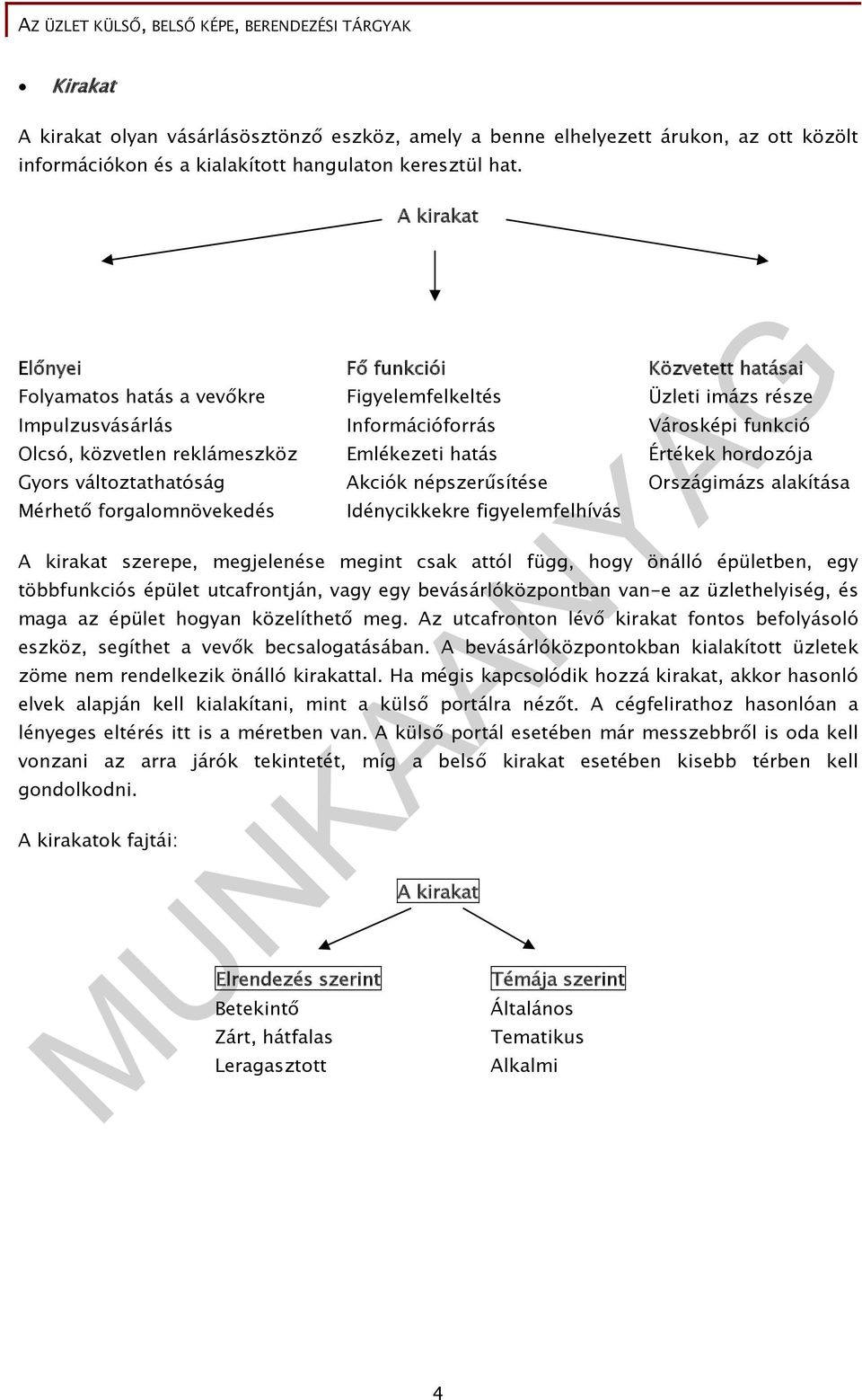 Emlékezeti hatás Értékek hordozója Gyors változtathatóság Akciók népszerűsítése Országimázs alakítása Mérhető forgalomnövekedés Idénycikkekre figyelemfelhívás A kirakat szerepe, megjelenése megint