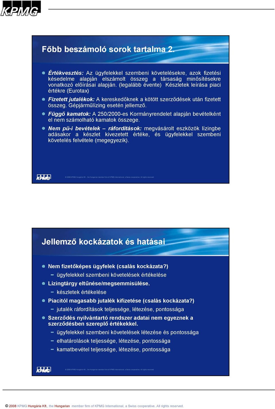 Függő kamatok: A 250/2000-es Kormányrendelet alapján bevételként el nem számolható kamatok összege.