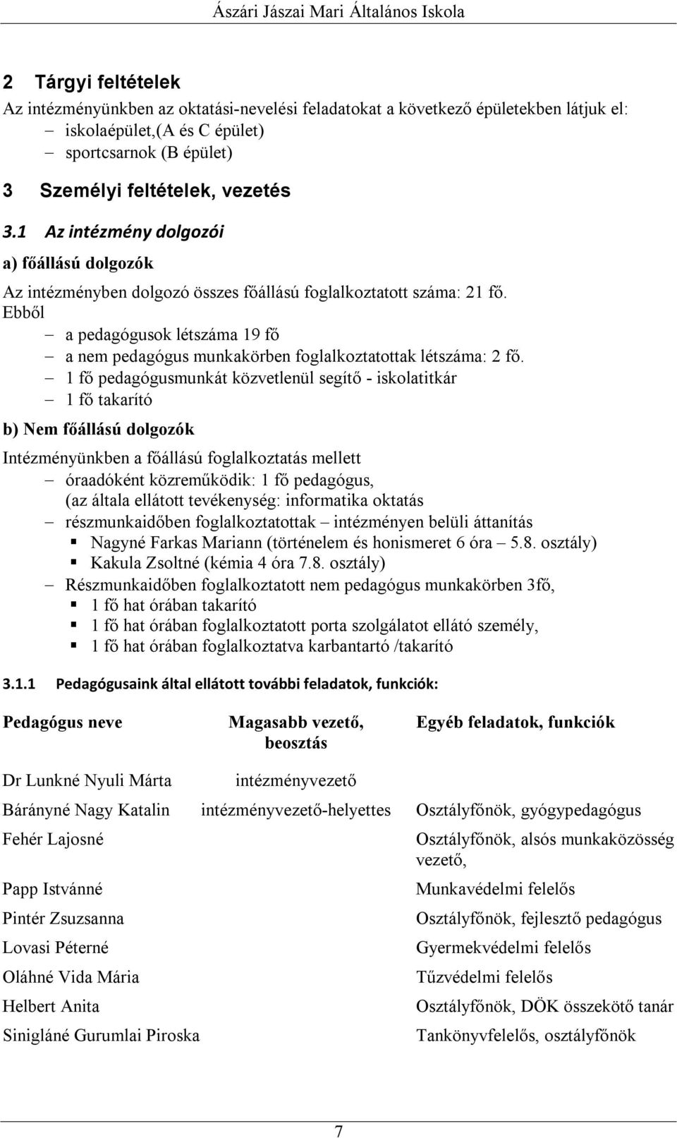 Ebből a pedagógusok létszáma 19 fő a nem pedagógus munkakörben foglalkoztatottak létszáma: 2 fő.