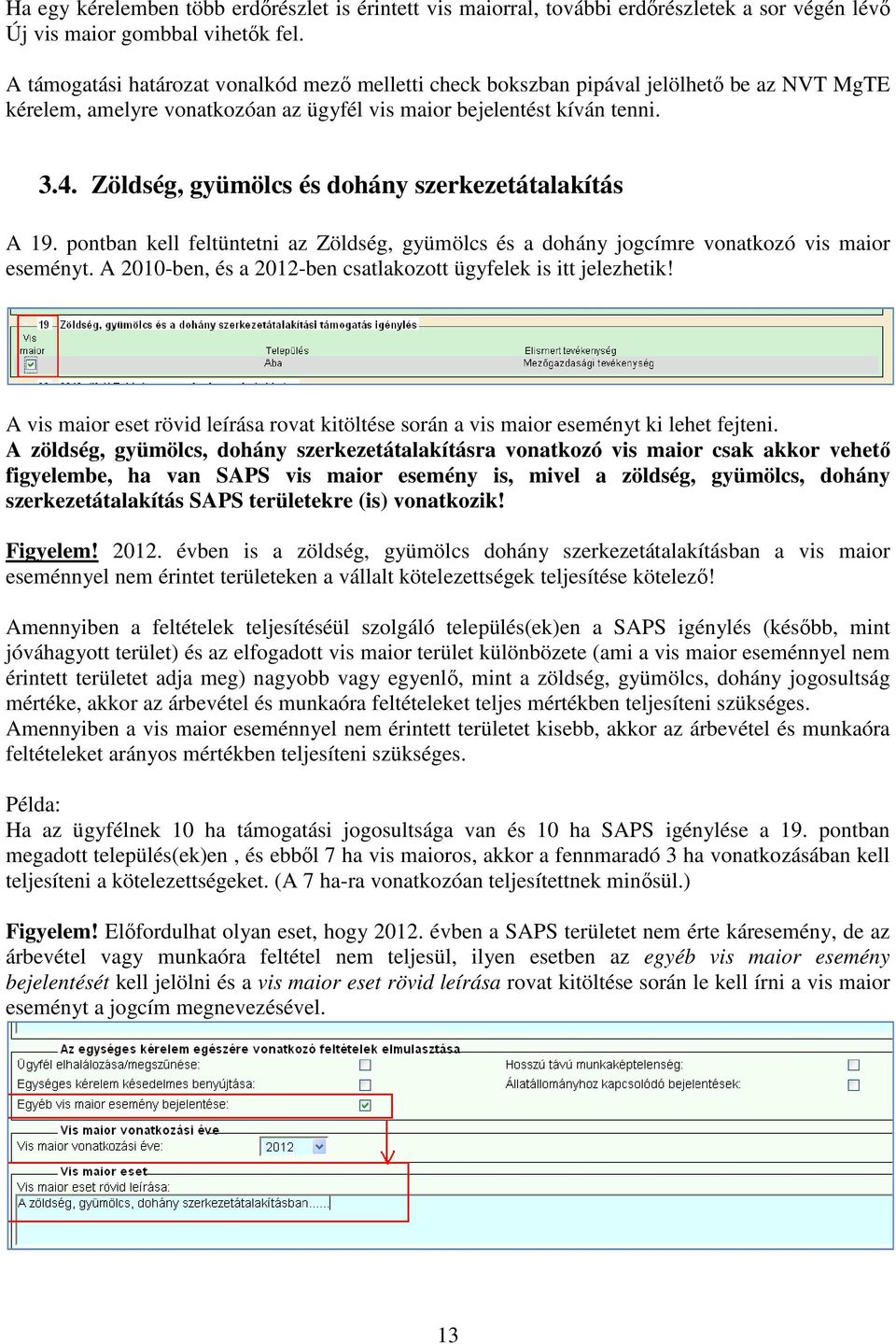 Zöldség, gyümölcs és dohány szerkezetátalakítás A 19. pontban kell feltüntetni az Zöldség, gyümölcs és a dohány jogcímre vonatkozó vis maior eseményt.