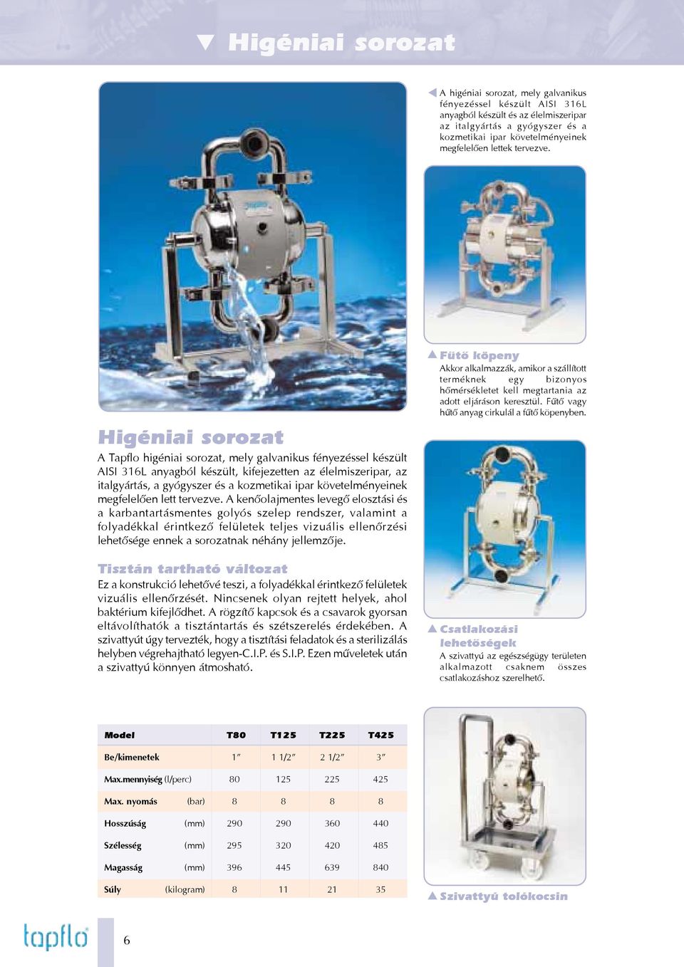 Higéniai sorozat A Tapflo higéniai sorozat, mely galvanikus fényezéssel készült AISI 316L anyagból készült, kifejezetten az élelmiszeripar, az italgyártás, a gyógyszer és a kozmetikai ipar