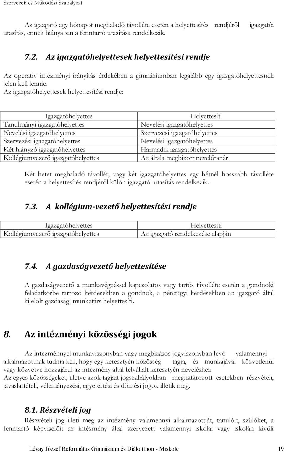 Az igazgatóhelyettesek helyettesítési rendje: Igazgatóhelyettes Tanulmányi igazgatóhelyettes Nevelési igazgatóhelyettes Szervezési igazgatóhelyettes Két hiányzó igazgatóhelyettes Kollégiumvezető