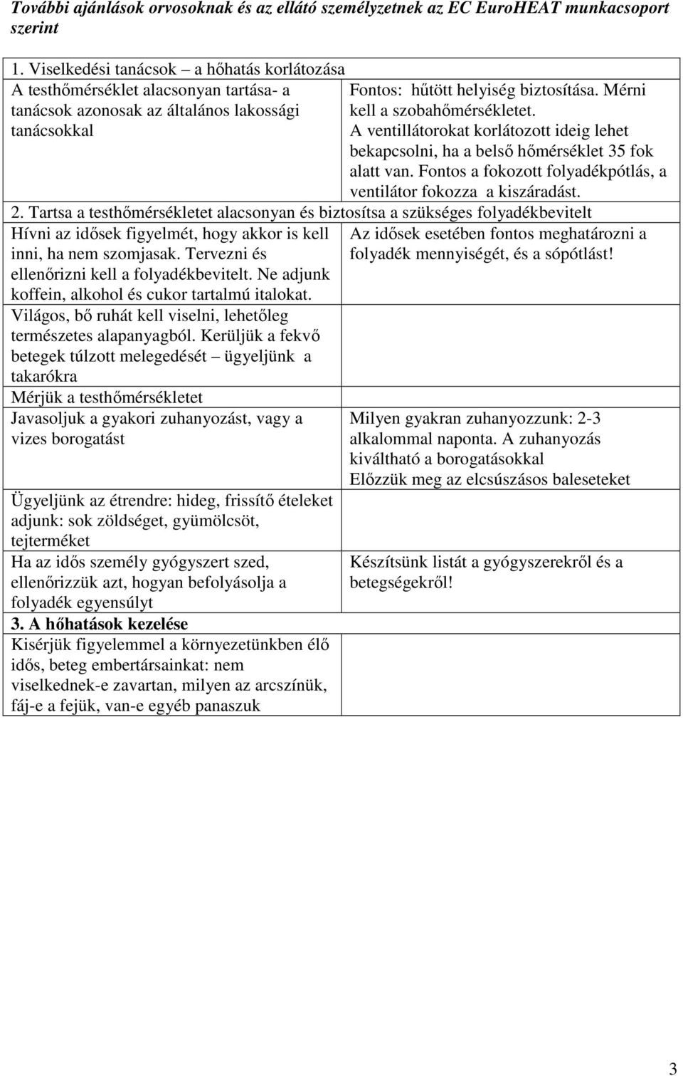 Mérni kell a szobahőmérsékletet. A ventillátorokat korlátozott ideig lehet bekapcsolni, ha a belső hőmérséklet 35 fok alatt van. Fontos a fokozott folyadékpótlás, a ventilátor fokozza a kiszáradást.