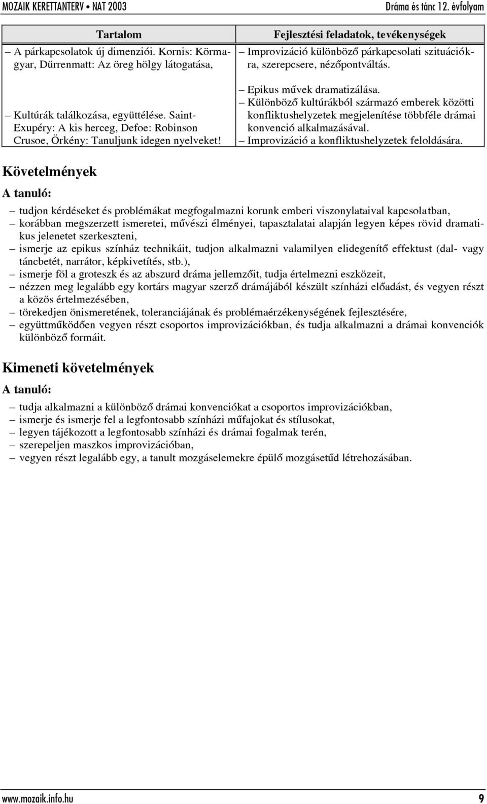 Különbözõ kultúrákból származó emberek közötti konfliktushelyzetek megjelenítése többféle drámai konvenció alkalmazásával. Improvizáció a konfliktushelyzetek feloldására.