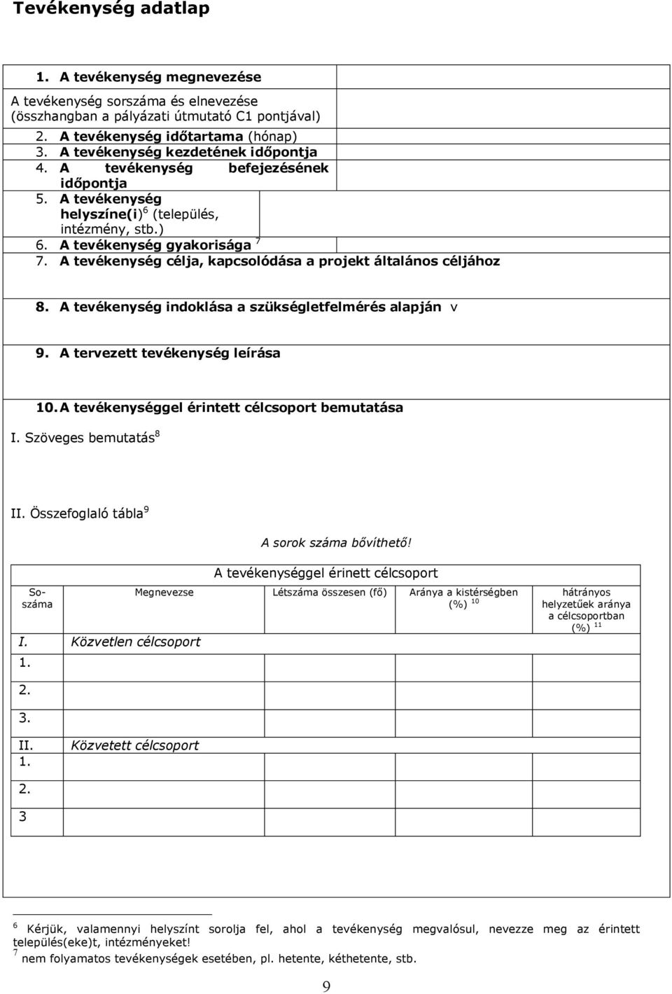 A tevékenység célja, kapcsolódása a projekt általános céljához 8. A tevékenység indoklása a szükségletfelmérés alapján v 9. A tervezett tevékenység leírása 10.