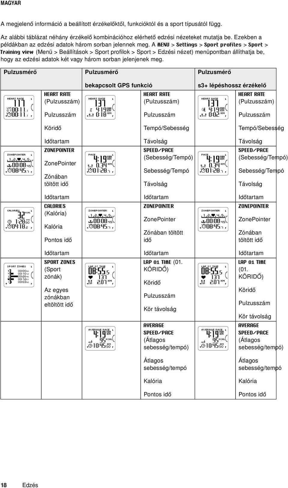 A MENU > Settings > Sport profiles > Sport > Training view (Menü > Beállítások > Sport profilok > Sport > Edzési nézet) menüpontban állíthatja be, hogy az edzési adatok két vagy három sorban