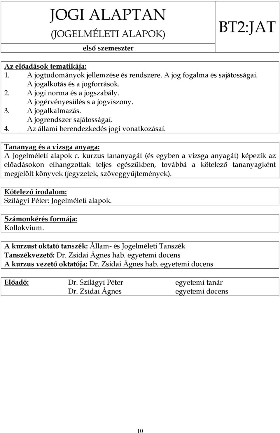 kurzus tananyagát (és egyben a vizsga anyagát) képezik az előadásokon elhangzottak teljes egészükben, továbbá a kötelező tananyagként megjelölt könyvek (jegyzetek, szöveggyűjtemények).