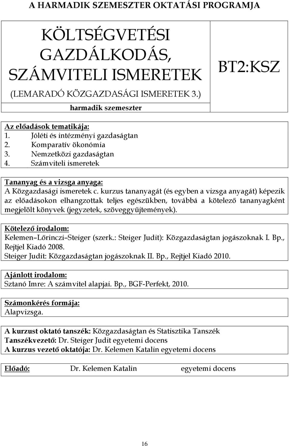 kurzus tananyagát (és egyben a vizsga anyagát) képezik az előadásokon elhangzottak teljes egészükben, továbbá a kötelező tananyagként megjelölt könyvek (jegyzetek, szöveggyűjtemények).