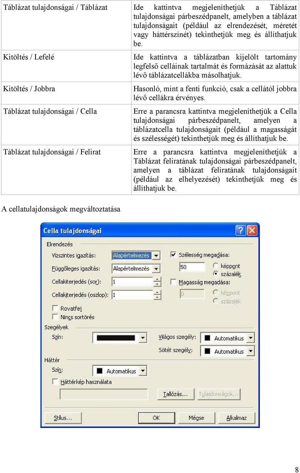 Kitöltés / Lefelé Kitöltés / Jobbra Táblázat tulajdonságai / Cella Táblázat tulajdonságai / Felirat A cellatulajdonságok megváltoztatása Ide kattintva a táblázatban kijelölt tartomány legfelső